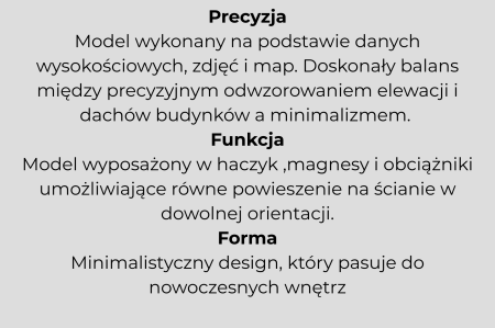 Precyzja Model wykonany na podstawie danych wysokościowych, zdjęć i map. Doskonały balans między precyzyjnym odwzorowaniem elewacji i dachów budynków a minimalizmem.  Funkcja Model wyposażony w haczyk ,magnesy i obciążniki umożliwiające równe powieszenie na ścianie w dowolnej orientacji. Forma Minimalistyczny design, który pasuje do nowoczesnych wnętrz